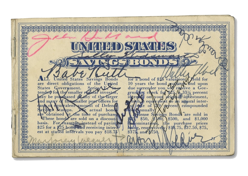 1941 United States World War II Savings Bond Stamped Booklet Signed by Babe Ruth, Roy Rogers, Glenn Ford, Carole Landis, etc. (20 Autos.) – Beckett LOA