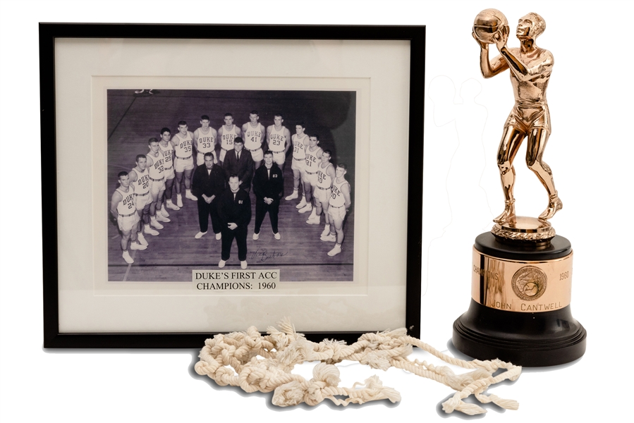 1960 Duke Blue Devils ACC Tournament Champions Trophy & Game Used Net Piece Awarded to Guard John Cantwell Plus Team Photo Signed by Head Coach Vic Bubas (Dukes 1st ACC Tourney Title!) – Cantwell LOA