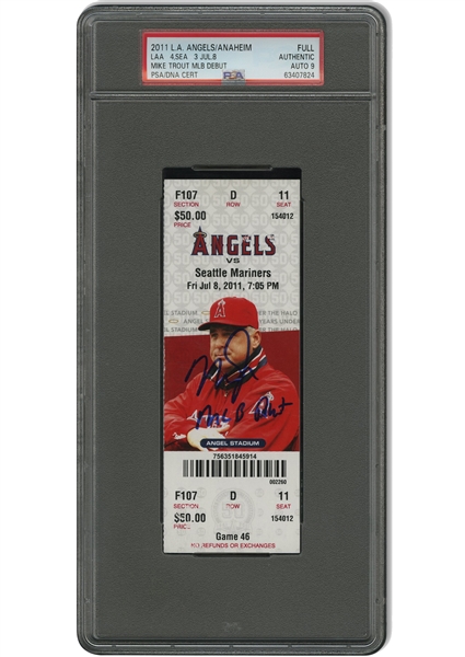 July 8, 2011 Mike Trout Signed & Inscribed MLB Debut Game Full Ticket (Angels vs. Mariners) – MLB Auth., PSA Authentic & PSA/DNA 9 Auto.