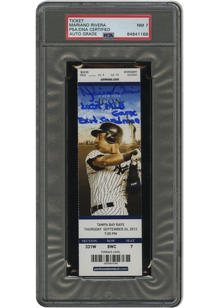 Scarce 9/26/2013 Mariano Rivera Signed & Inscribed "Last MLB Game Exit Sandman" Full Ticket from Final Career Appearance – PSA/DNA 7 Auto. (Low Pop)