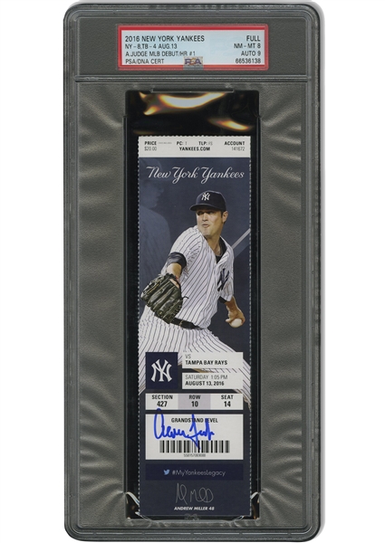 August 13, 2016 Aaron Judge Signed MLB Debut & 1st Career HR Game Full Ticket – Fanatics & MLB, PSA NM-MT 8 and PSA/DNA 9 Auto. (Only One Higher Dual-Grade Example!)