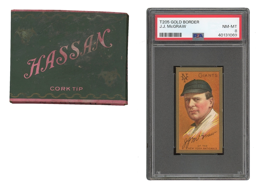 1911 T205 Gold Border John McGraw with Rare Hassan Cork Tip Box (Full of 10 Cigarettes) – PSA NM-MT 8 (Highest Graded, Pop 3!)