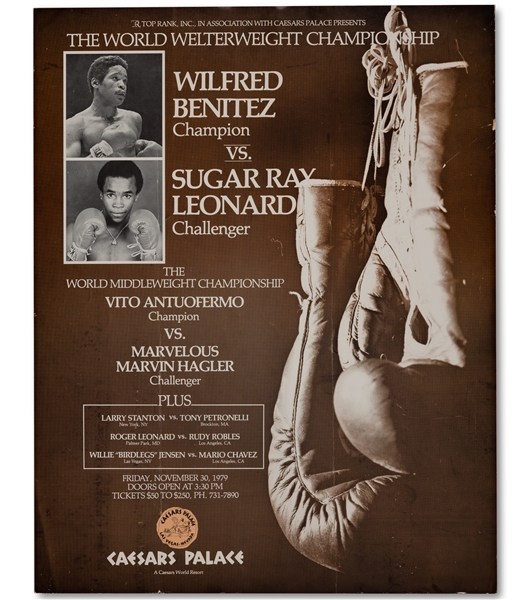 November 30, 1979 Sugar Ray Leonard vs. Wilfred Benitez On-Site Original Fight Poster (Leonards 1st Title Fight!)
