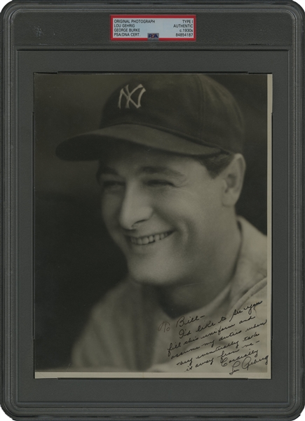 1930s Lou Gehrig Incredible Inscription And Autographed Original Photograph by George Burke - PSA/DNA Type 1
