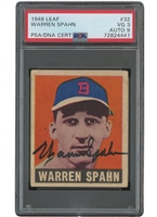 1948 Leaf #32 Warren Spahn Autographed Rookie – PSA VG 3, PSA/DNA 9 Auto.