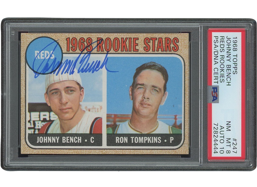 1968 Topps #247 Johnny Bench Autographed Rookie – PSA NM-MT 8, PSA/DNA 10 Auto. (Highest Dual-Graded Bench Signed RC!)