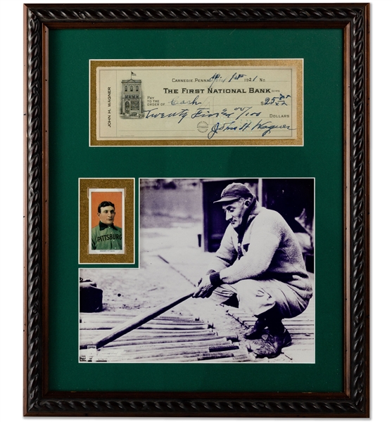 1921 Honus Wagner Signed Bank Check with Matted Photo & T206 Reprint in Framed Display – PSA/DNA LOA