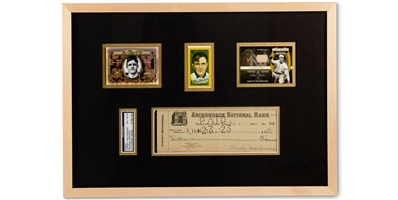 1923 Christy Mathewson Signed Bank Check with 2001 UD Hall of Famers Class of 36 and 2003 Donruss Timeless Treasures (LE/200) in Framed Display – PSA/DNA NM-MT 8