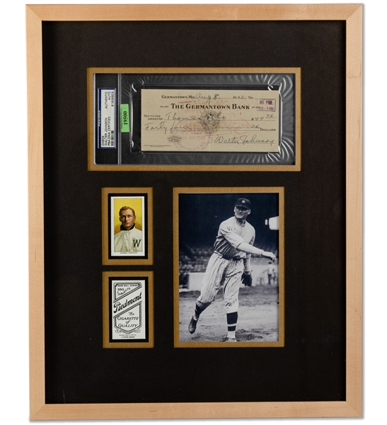 1942 Walter Johnson Signed Bank Check with Matted Photo & T206 Reprint in Framed Display – PSA/DNA Authentic