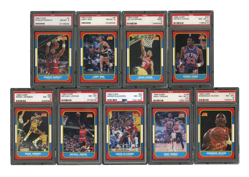 1986-87 Fleer Basketball PSA Graded Complete Set (8.71 GPA) Plus Stickers with Both Michael Jordan RCs – All PSA NM-MT 8 or Higher (113 Cards PSA MINT 9)