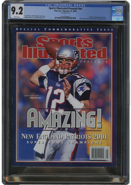 2/13/2002 Sports Illustrated Tom Brady "Amazing" (Rookie & Super Bowl XXXVI MVP) Special Commemorative Issue – His First Magazine Cover! -- CGC 9.2