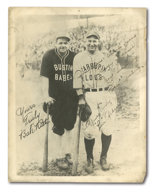 Lou Gehrig Autographed & Inscribed Bustin Babes vs. Larrupin Lous Barnstorming Photograph – PSA/DNA & JSA LOAs