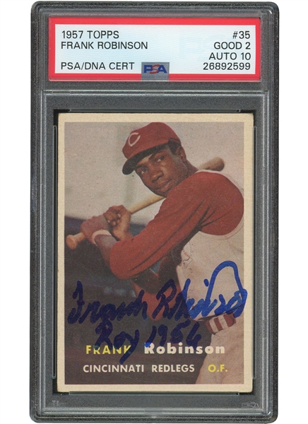 1957 Topps #35 Frank Robinson Signed & Inscribed ("ROY 1956") Rookie Card – PSA GD 2, PSA/DNA 10 Auto.