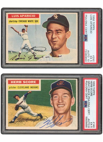 1956 Topps #292 Luis Aparicio (10 Auto.) and #140 Herb Score (8 Auto.) Pair of Signed Rookie Cards – Both Card Grades PSA EX 5
