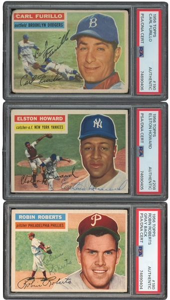 1956 Topps #208 Elston Howard, #180 Robin Roberts, and #190 Carl Furillo Trio of Signed Cards – All PSA & PSA/DNA Dual Authentic