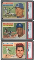 1956 Topps #208 Elston Howard, #180 Robin Roberts, and #190 Carl Furillo Trio of Signed Cards – All PSA & PSA/DNA Dual Authentic