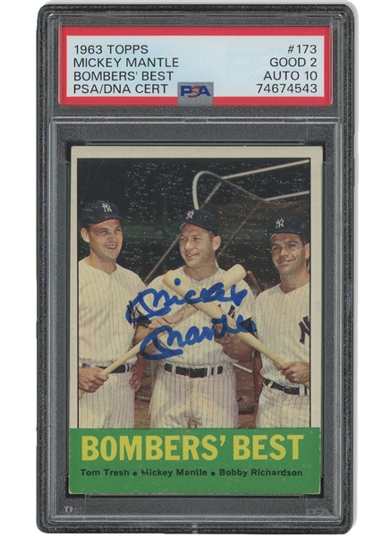 1963 Topps #173 Bombers Best Signed by Mickey Mantle – PSA GD 2, PSA/DNA 10 Auto. (Only 3 w/ Higher Card Grade)