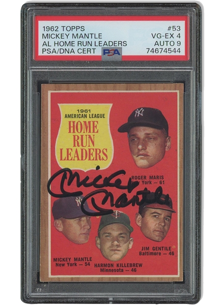 1962 Topps #53 AL Home Run Leaders Signed by Mickey Mantle – PSA VG-EX 4, PSA/DNA 9 Auto. (Only Two Higher!)