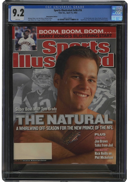 4/15/2002 Sports Illustrated Tom Brady "The Natural" Rookie & Super Bowl XXXVI MVP (His First Official SI Cover!) – CGC 9.2