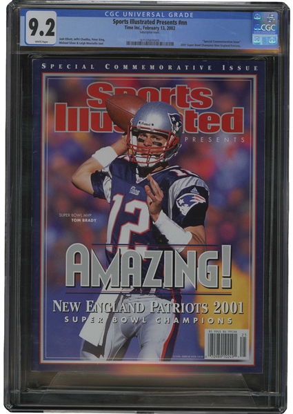 2/13/2002 Sports Illustrated "Amazing" New England Patriots Commemorative Issue with Rookie & Super Bowl XXXVI MVP Tom Brady (His 1st Magazine Cover!) – CGC 9.2