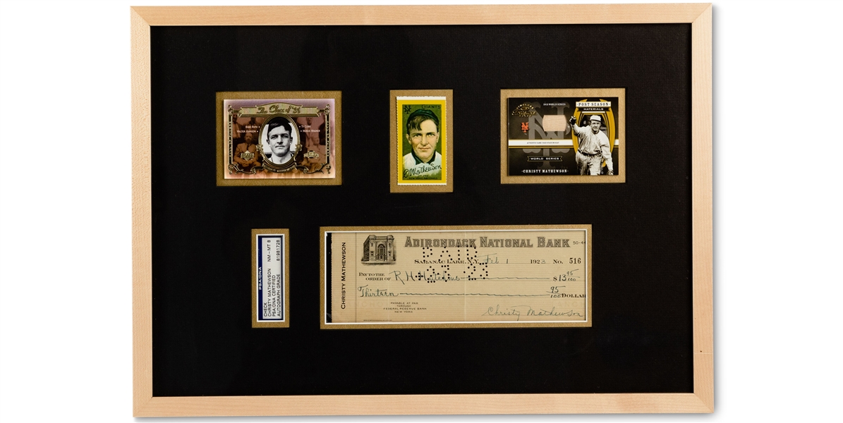 1923 Christy Mathewson Signed Check Displayed with 2001 UD Hall of Famers Class of 36 and 2003 Donruss Timeless Treasures Cards – PSA/DNA NM-MT 8