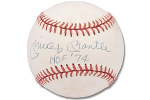 Mickey Mantle Single Signed OAL (Brown) Baseball Inscribed "HOF 74" – PSA/DNA & JSA LOAs