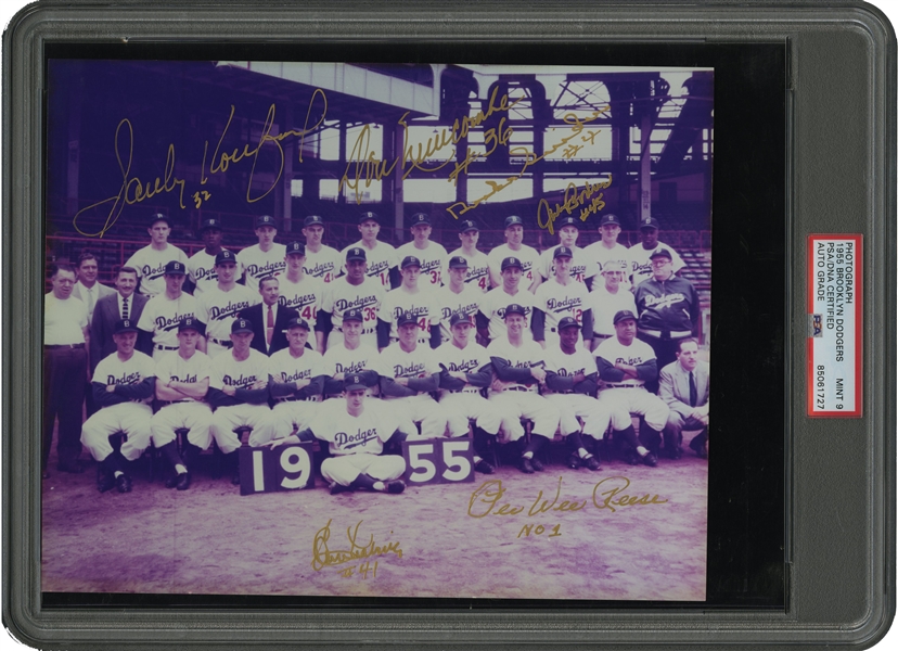 1955 Brooklyn Dodgers (Dem Bums) World Champions Team Photograph Signed by Koufax, Snider, Reese, Newcombe, Podres & Labine – PSA/DNA 9 Auto.