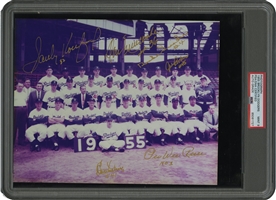 1955 Brooklyn Dodgers (Dem Bums) World Champions Team Photograph Signed by Koufax, Snider, Reese, Newcombe, Podres & Labine – PSA/DNA 9 Auto.