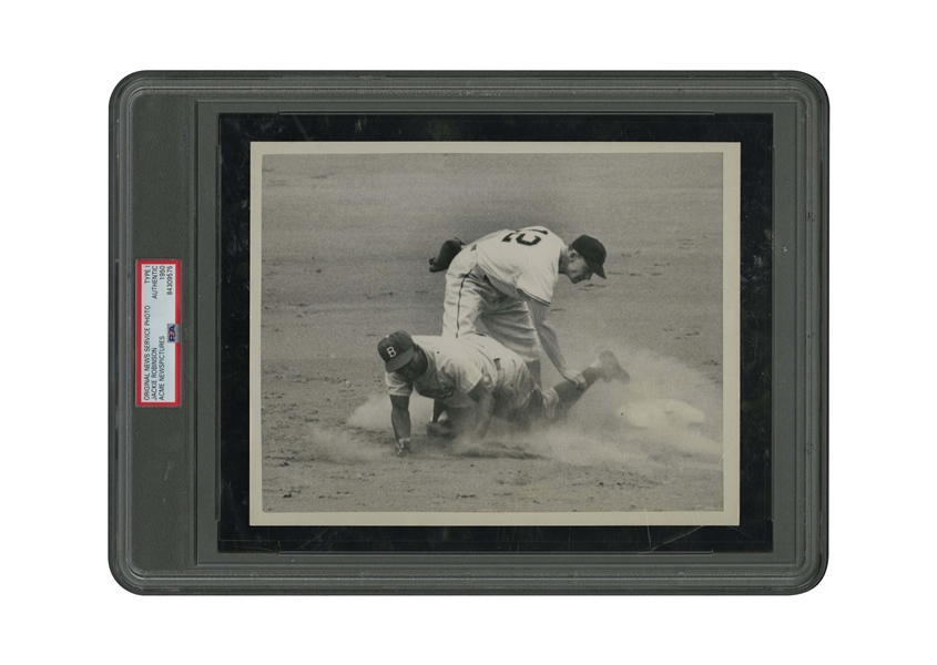 July 3, 1950 Jackie Robinson Brooklyn Dodgers Original Photograph Sliding into 2nd (vs. NY Giants at Polo Grounds) – PSA/DNA Type 1
