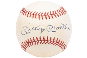 Mickey Mantle Single Signed OAL (Brown) Baseball – PSA/DNA NM+ 7.5