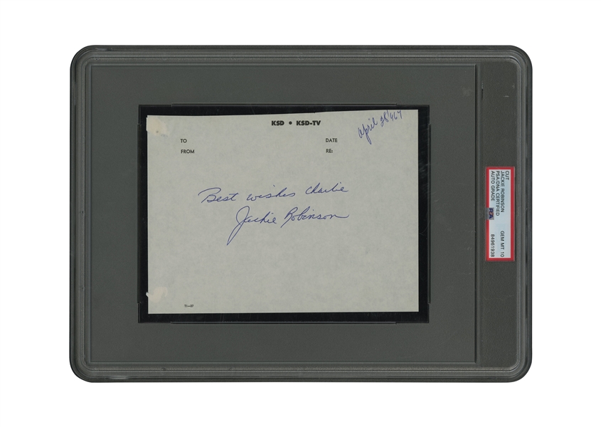 4/28/1964 Jackie Robinson Perfectly Signed & Inscribed Cut (Nearly 6x8) – PSA/DNA GEM MT 10