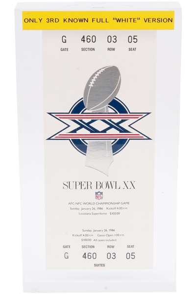 Pristine 1/26/1986 Super Bowl XX (Chicago Bears Destroy Patriots) White Variation Full Ticket Encased in Lucite – Only Two Graded in Entire PSA Pop!