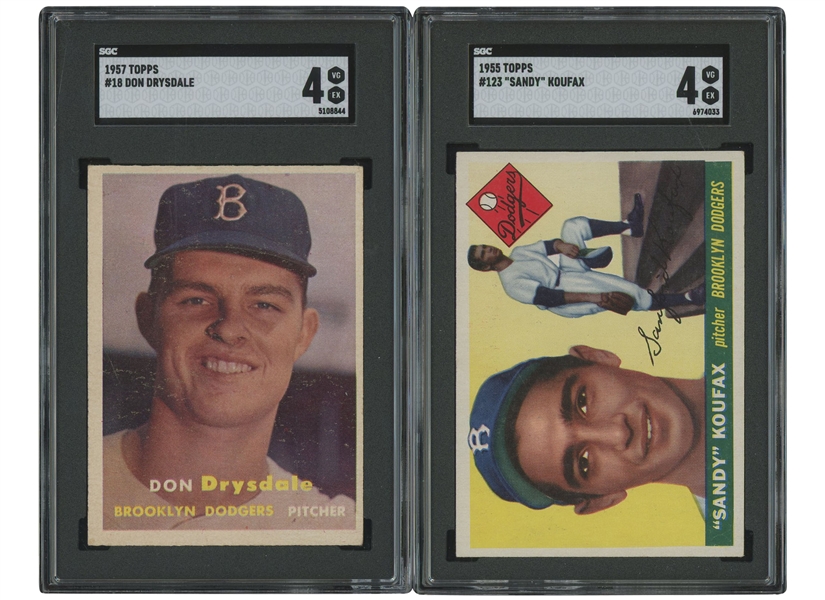 1955 Topps #123 Sandy Koufax and 1957 Topps #18 Don Drysdale Rookies – Both SGC VG/EX 4