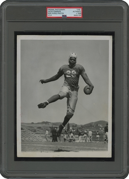 Sensational 1939 Jackie Robinson UCLA Bruins Original Photograph Leaping in #28 Uniform – One of His Earliest & Greatest Football Images! -- PSA/DNA Type 1
