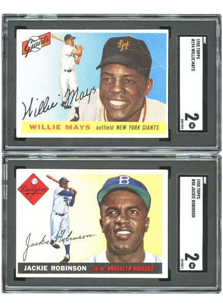 1955 Topps #50 Jackie Robinson and #194 Willie Mays – Both SGC GD 2
