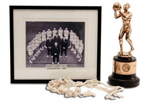 1960 Duke Blue Devils ACC Tournament Champions Trophy & Game Used Net (Dukes 1st ACC Tourney Title!) Awarded to Player John Cantwell w/ Team Photo Signed by Coach Vic Bubas – Cantwell LOA