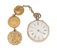 C. 1900s Harry Hyman (Ohio State & Penn Track Star) 14K Gold Swiss-Made Pocket Watch Fob with 18K Solid Gold Award Medals (1903-05) from 220-Yard Races