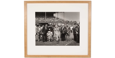 5/12/1957 Marilyn Monroe "First Kick" (Before Exhibition Soccer Match at Ebbets Field) Original Barney Stein 11x14 Framed Photo – Stein Family Collection