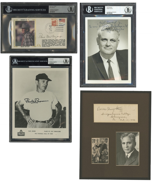 Legendary Football Coaches Autograph Lot of (4) incl. Bear Bryant (1981 FDC), Amos Alonzo Stagg (1947 Cut Sig Display), Paul Brown (1967 HOF Photo) & Woody Hayes (1970 Portrait) – Beckett & JSA