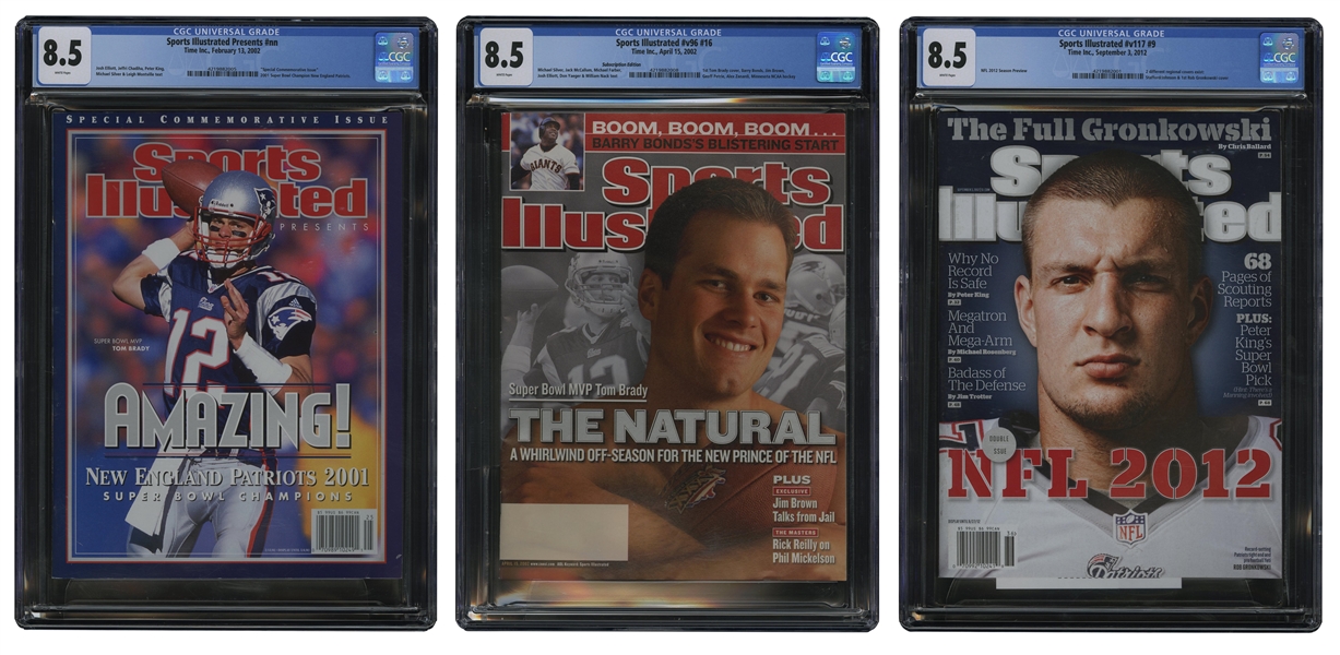 Tom Brady & Rob Gronkowski Trio of Sports Illustrated First Covers incl. 2/13/2002 ("Amazing" SB Comm. Issue), 4/15/2002 ("The Natural") and 9/3/2012 ("The Full Gronk") – All CGC 8.5