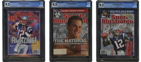 Tom Brady Trio of Sports Illustrated Covers incl. 2/13/2002 ("Amazing" SB Comm. Issue), 4/15/2002 ("The Natural") and 10/18/2004 ("19 Straight") – All CGC 9.2