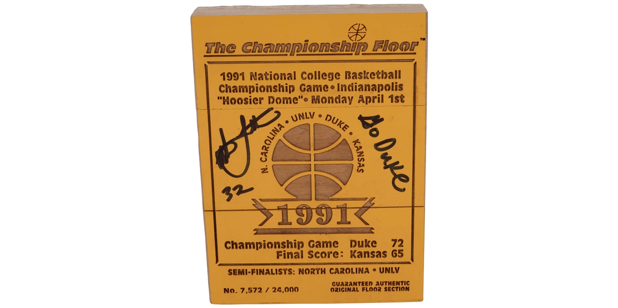 Christian Laettners Signed & Inscribed 1991 NCAA Final Four (Semifinals & Championship) Game Used Floor Piece from Hoosier Dome (Dukes 1st National Title!) – Laettner Collection