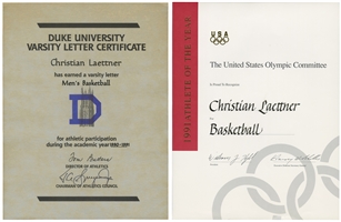 Christian Laettners 1990-91 Duke Mens Basketball Varsity Letter Certificate and 1991 U.S. Olympic Committee Athlete of the Year Award – Laettner Collection