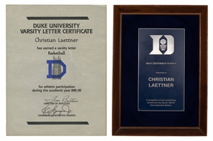 Christian Laettners 1989-90 Duke University Mens Basketball Varsity Letter Certificate and "Best Defensive Player" Award – Laettner Collection