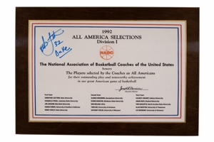 Christian Laettners Signed & Inscribed 1992 NABC College Basketball First Team All-America Selections Award – Laettner Collection