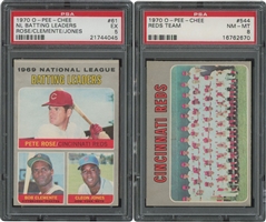 1970 O-Pee-Chee Pair of #61 NL Batting Leaders (Clemente/Rose) and #544 Reds Team – PSA EX 5 & PSA NM-MT 8