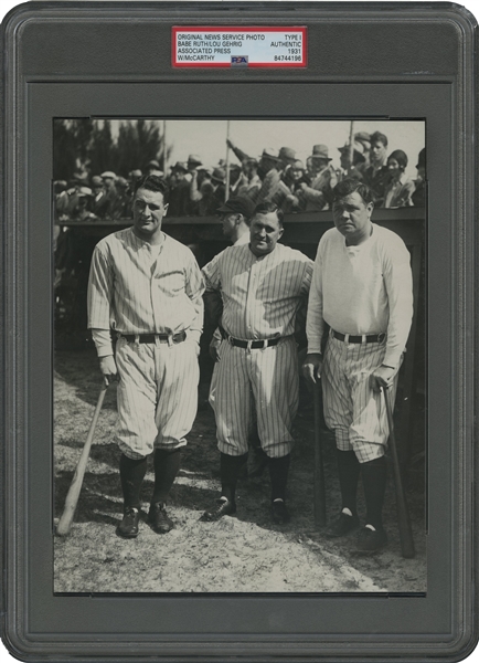 Outstanding 1931 Babe Ruth, Lou Gehrig & Joe McCarthy Original News Service Photograph – PSA/DNA Type 1