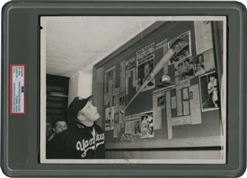 1953 Mickey Mantle Original Photo Admiring Bat He Used to Hit Historic 565-Ft. HR April 17th at Griffith Stadium – PSA/DNA Type II (Slab + LOA)