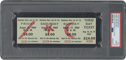 Aug. 15-17, 1969 Woodstock Music Festival & Art Fair 3-Day Full Unused Ticket – PSA GEM MT 10