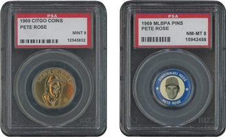 1969 CITGO Coins Pete Rose (PSA Mint 9) and 1969 MLBPA Pins Pete Rose (PSA NM-MT 8)